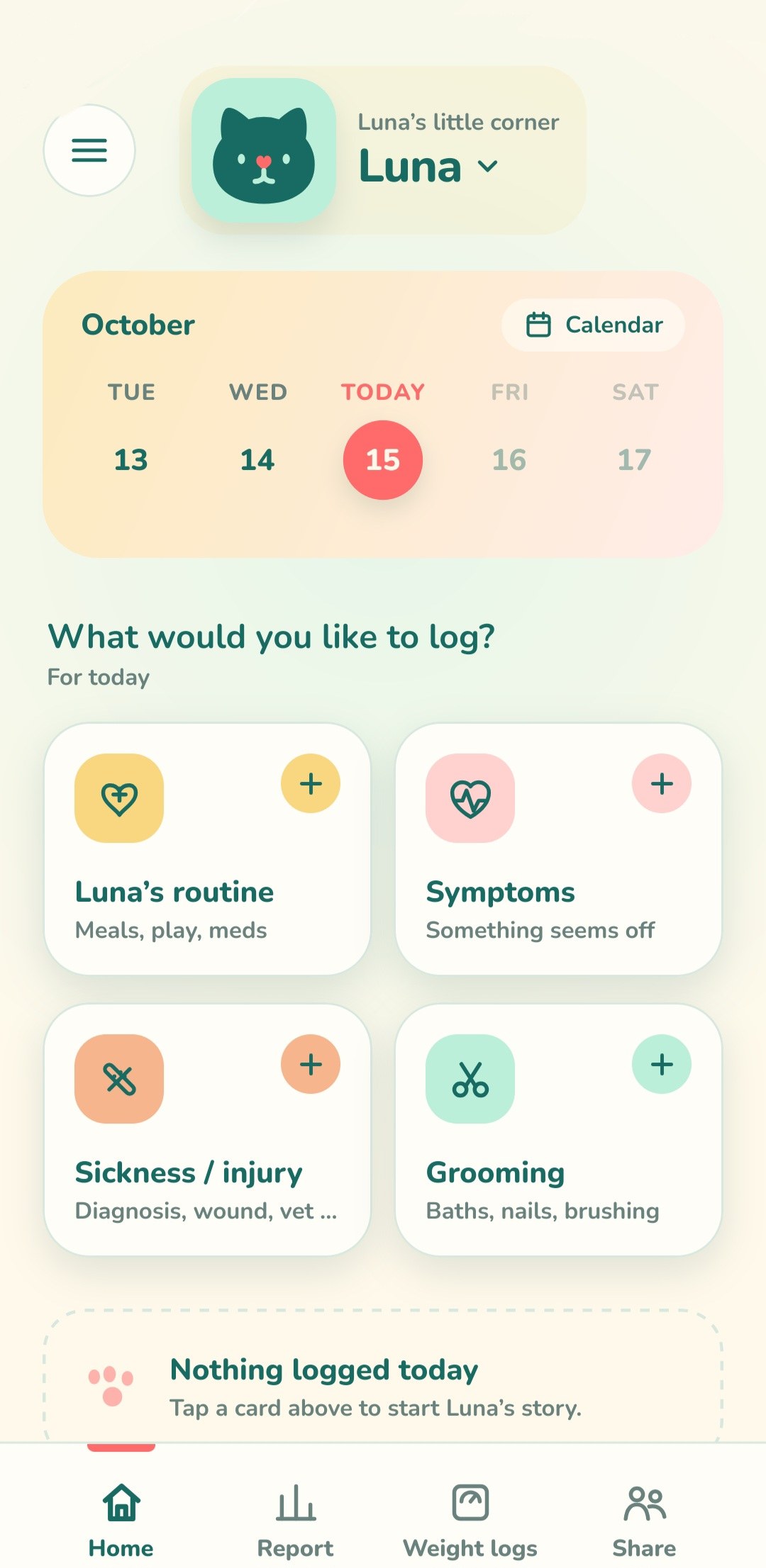 Kelumi home screen for Luna, with a week calendar and cards for routine, symptoms, sickness and grooming