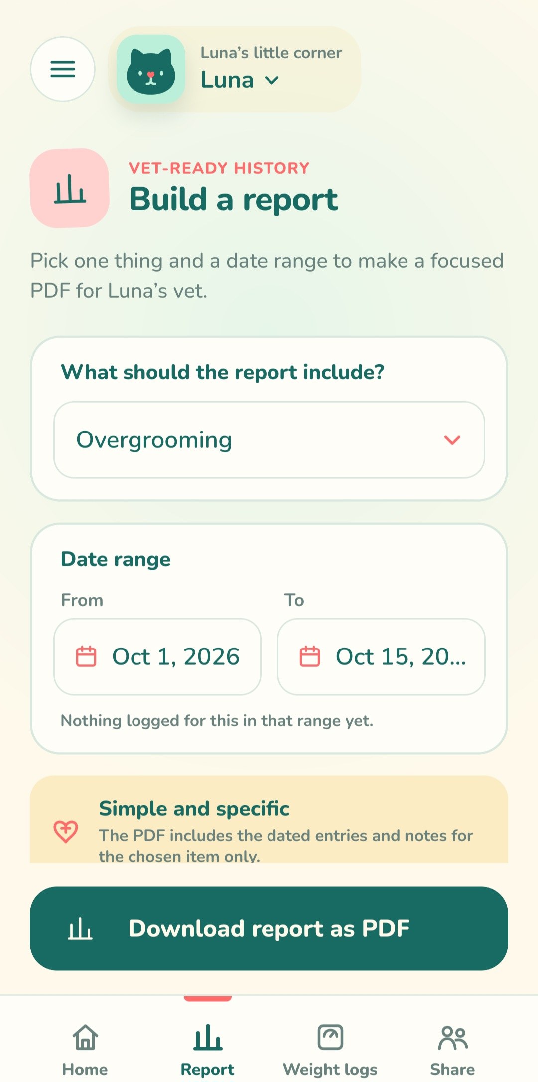 Build a report screen with a symptom picker and a date range