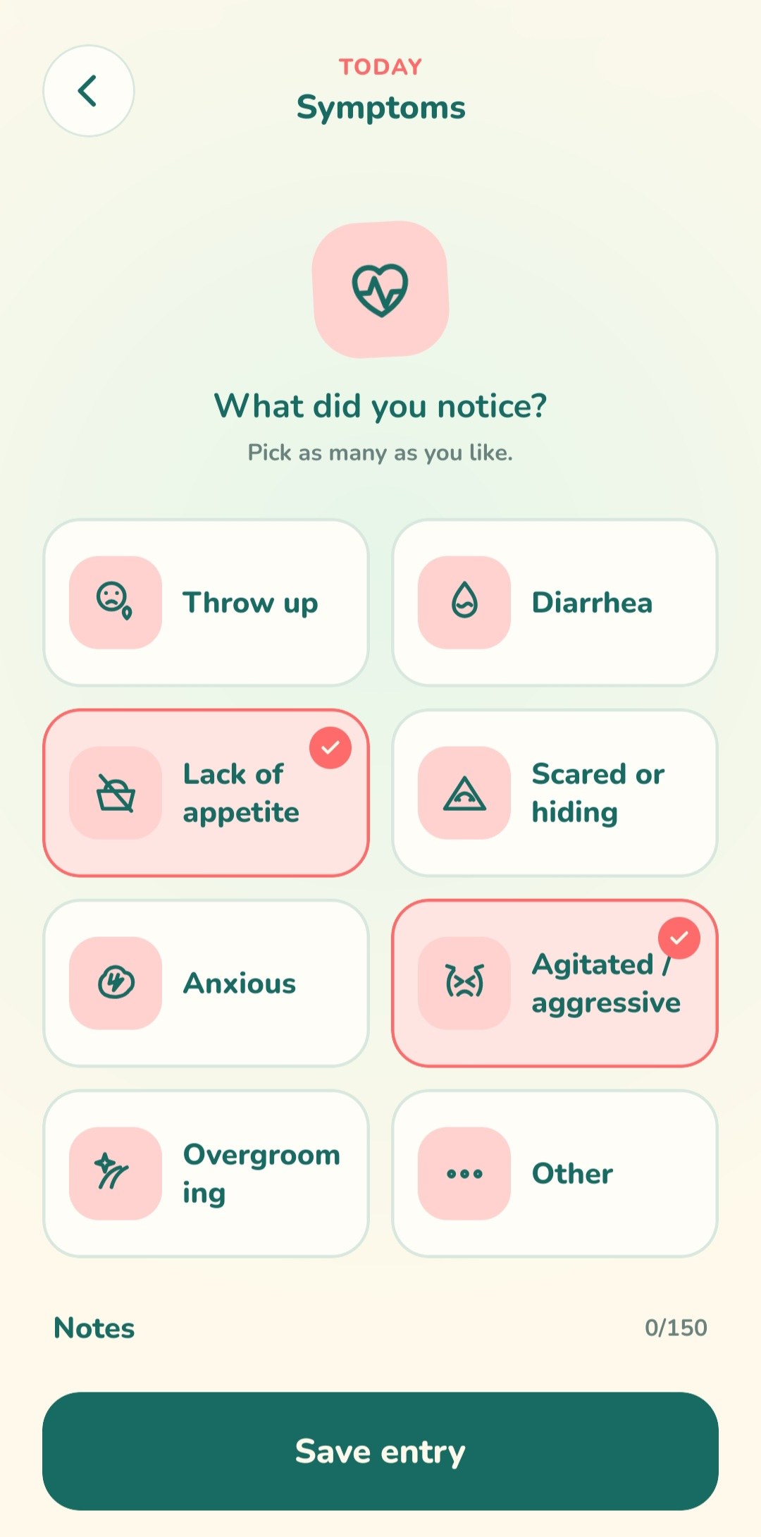 Symptoms screen with lack of appetite and agitated selected